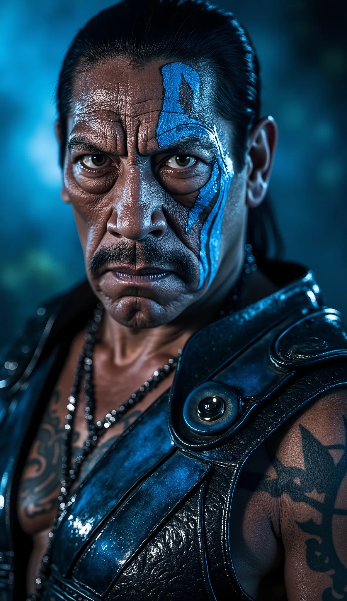 Here's a detailed prompt to generate a super realistic image of Danny Trejo as Nightwolf, in her shiny and metallic outfit,  blue and black details , games and the face painted blue and black, focused on the upper body:

"Close-up hiper-realista do Danny T...