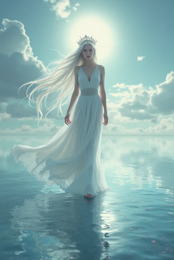 a beautiful woman dressed in a white long hair crown walking on the surface of the sea air
