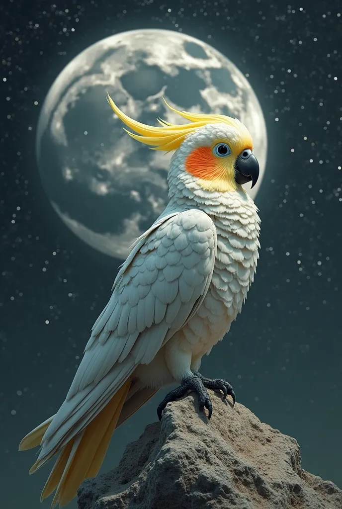 A nymph cockatoo perched on the surface of the Moon, with a deep black and starry background that highlights the immensity of space. Its soft and detailed plumage shows shades of gray with its characteristic yellow cowl and vibrant orange cheeks. The Moon'...