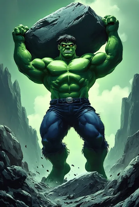 Hulk lifting a mountain effortlessly, his veins glowing with gamma radiation.