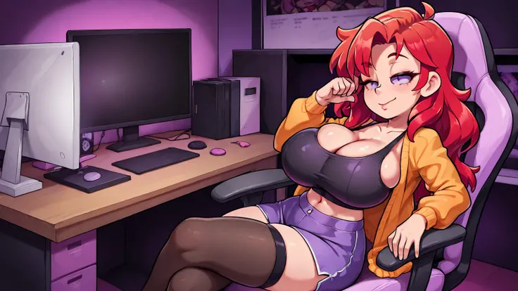  thin Caucasian girl with huge breasts, wavy red hair perfect long with purple eyes, with a rough and sexy look . Orange cardigan, Asleep centered on her gamer chair and her gamer desk, Dark gamer room. eyes closed. tired. view from the desktop. neon