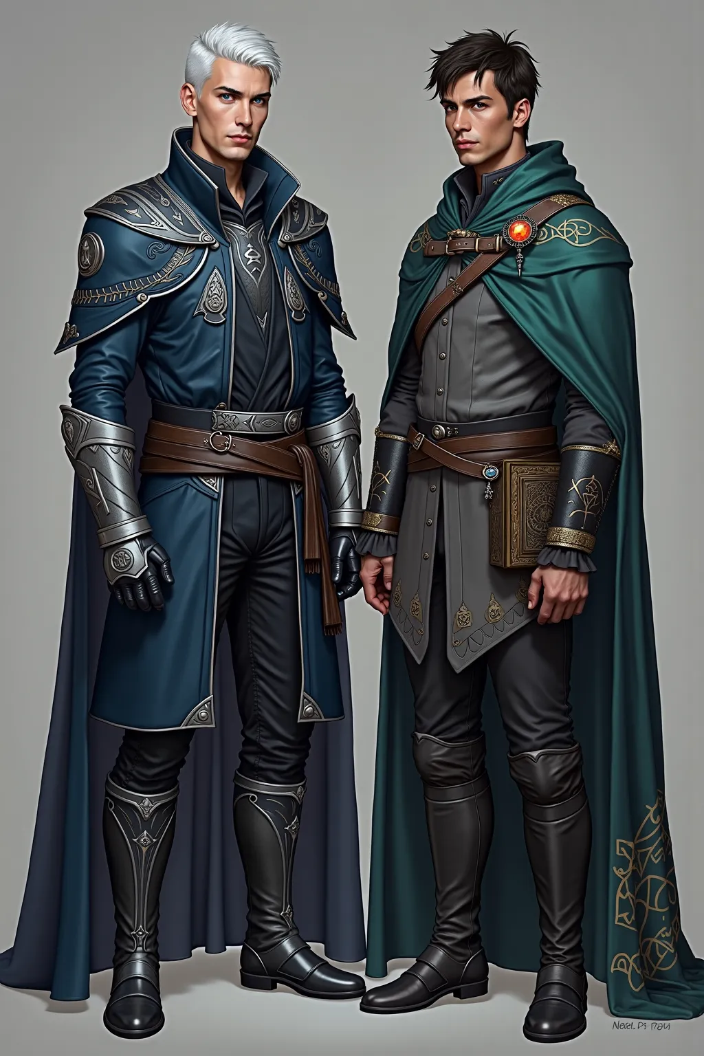 Description of Vaelan Duskbane & Aldric Thorne Standing Together

Vaelan Duskbane stands tall with an air of quiet authority, his piercing sapphire-blue eyes glowing with an almost ethereal intensity. His short, snow-white hair, naturally shimmering like s...