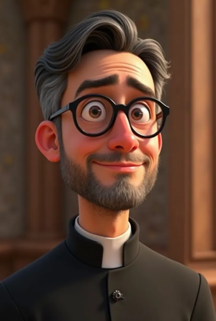 "Animated portrait of a priest in Disney-Pixar style. The character has dark and short hair, with some subtle gray reflections, well-groomed beard and wears black-rimmed glasses. His expression is serene and thoughtful, with a friendly touch on the eyes. H...