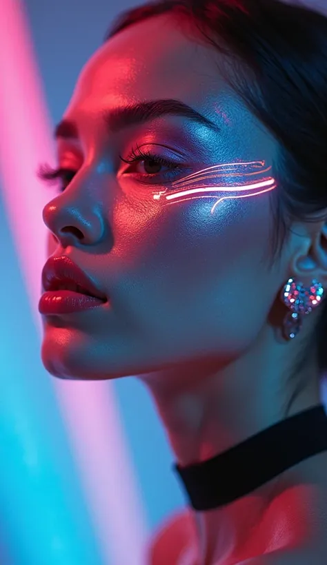 1. "An artistic makeup look inspired by neon lights, glowing lines tracing the contours of the face in a futuristic style. Shot with a 50mm prime lens (f/2) for a balanced composition. 16:9 frame."