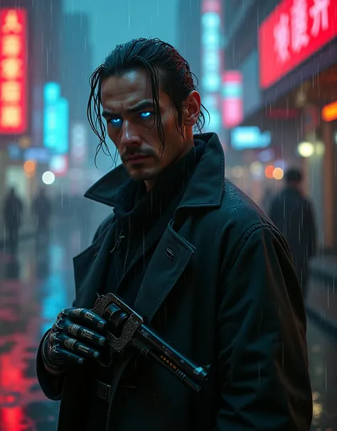 A cyberpunk noir detective in a rainy, neon-lit futuristic city, inspired by Blade Runner and East Asian aesthetics. He wears a long, dark trench coat with a high collar, slightly damp from the rain. His weathered face, around 45 years old, has a strong, r...