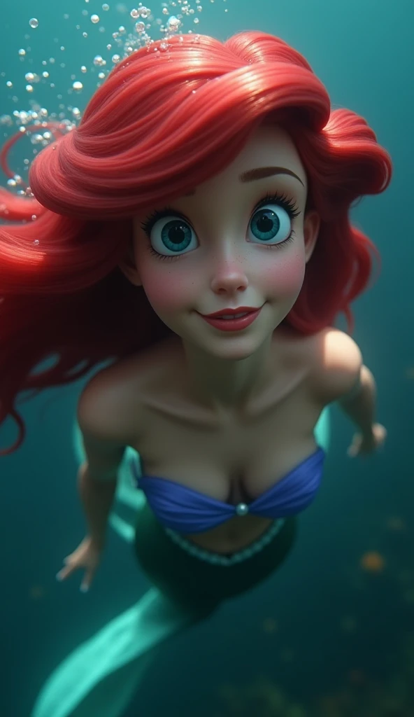 Ariel the Little Mermaid swims deep in the sea , The details of the image must be realistic and in high resolution without a quality defect, The face must be beautiful without defects, UHD,  and the character's distance should not affect the quality of the...