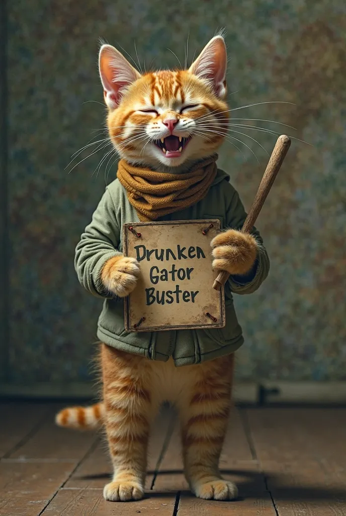 surrealism，Mugshot. Realistic texture ，Handsome kitty，kitten，Stand like a human，A scarf is worn around his neck，Laugh and spit out，One hand beep，holding a bat in one hand，has a sign on her chest that says “Drunken Gator Buster”，Put your foot on a crocodile...