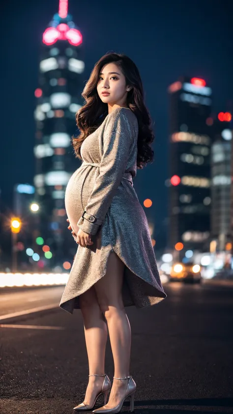 masterpiece, Best Quality, 8K,looking at the viewer,Japanese Lady,20 years old, pregnant woman, Voluptuous, night city background, shoulder length hair, strapless dress and coat, standing, full body 