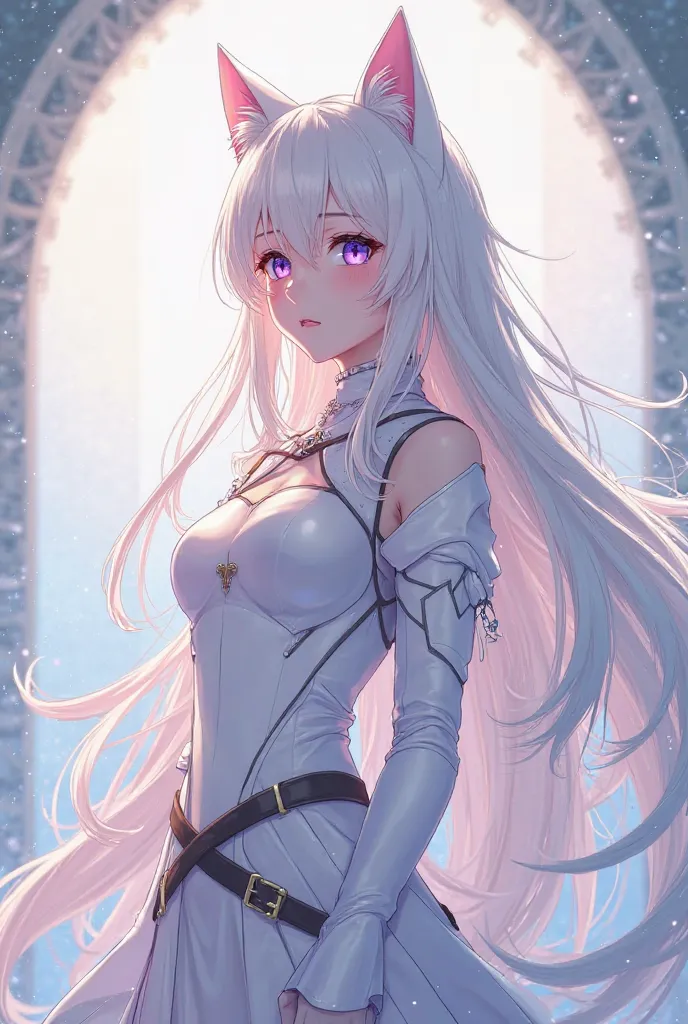  Anime woman, long white hair with cat ears, wearing violet eyes and a white knight's outfit, She looks at the sun, best quality 