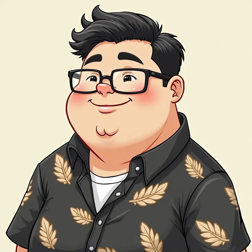 Create a character with the cartoon style of an old anime, a young man of 21 years old, fatty,  unshaven,  Slightly round face , wears square glasses, Hair with a classic social cut, wearing a black button-down shirt with beige leaf designs,  and a white s...