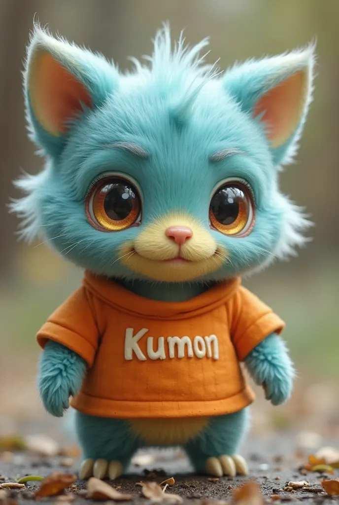 A magical creature, in an orange shirt with the word "Kumon", .  that's cute. Friendly and at the same time serious, who has 2 large bright eyes, with 2 legs and 2 arms.  with mixed sky blue fur and yellow on his face. Similar to Sollivan