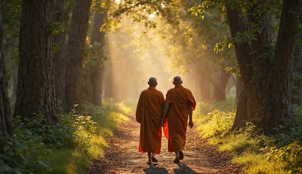 A bald-headed Buddhist monk and a man, both dressed in saffron robes, walk together through a dense forest along a narrow, well-trodden dirt path. Their back view is visible, but their heads are slightly turned toward each other, as if engaged in a deep co...