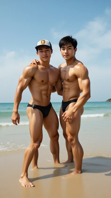 2 handsome Asian male college students over 185 cm tall at the beach，Fragmented lid ，Thick chest muscles ，8 abdominal muscles ，（Wakakaki's lovely face）， thin body， Shoulder width ，Narrow waist， inverted triangle body ，Tight-fitting body length， five finger...