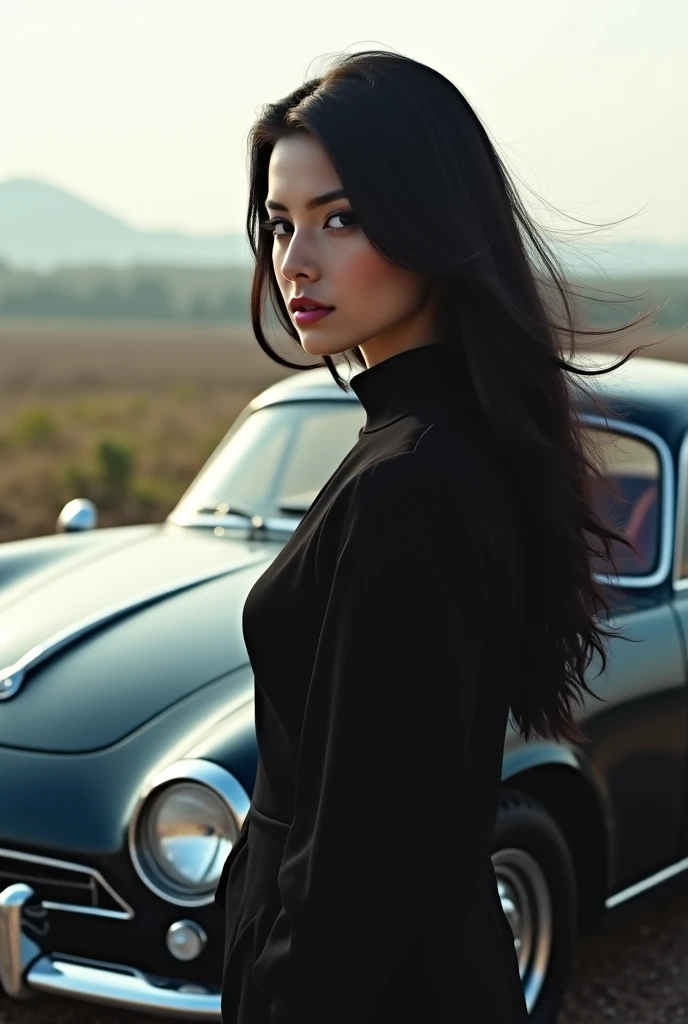 Create blac read hair girl standing next to the new version of the car zastava 1300 from profile view in distance 