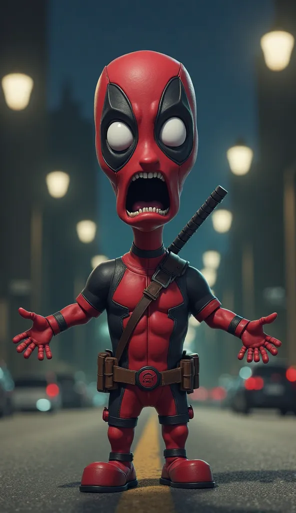 A digital illustration depicts a caricatured version of Deadpool with an elongated alien-like head and a surprised, wide-eyed expression. He's wearing his signature red and black suit, but it appears stretched over his slightly built frame. His arms are ou...