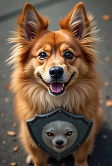 There's a dog looking up at the camera,  Copesh and shield holding ,  Flickr , Folk art,  happy Finnish laphound dog , Happy dog ,  smiling happily at the camera , Looks happy、very detailed pictures,  Pomeranian Mix , Big eyes and a menacing smile, Grin,  ...