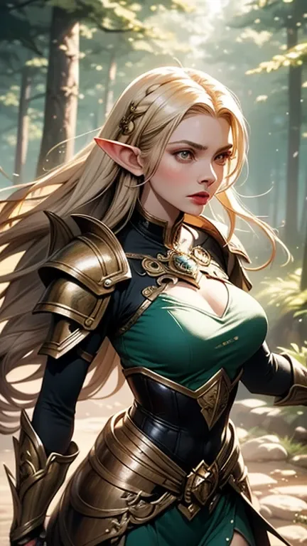 undefined armored elven princess, detailed fantasy portrait, elegant female elf warrior, ornate armor, flowing hair, fierce expression, dynamic pose, lush forest background, glowing magical energy, vibrant colors, 8K, high resolution, photorealistic, digit...