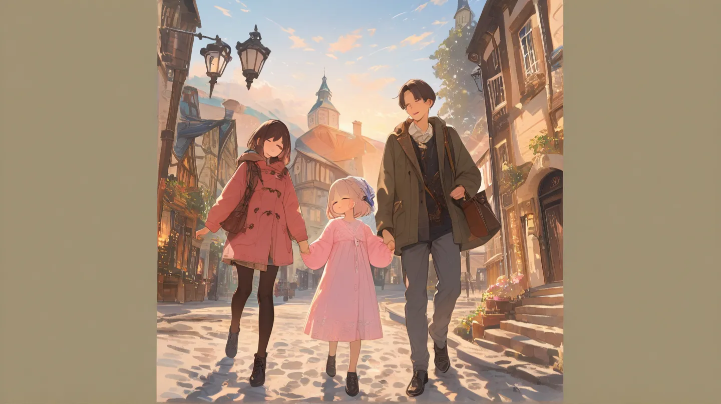 masterpiece,best quality, a family of three walking down the european style street holding hands
happy atmosphere, highly detailed clothing textures, atmospheric sunset lighting, pastel color pallette