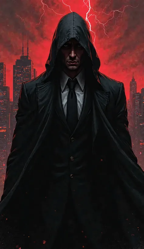 A dark and mysterious illustration of a hidden leader,  in black suit, with an enigmatic look and shadows covering part of his face. In the background, a modern city with a red sky and lightning,  creating an apocalyptic atmosphere .