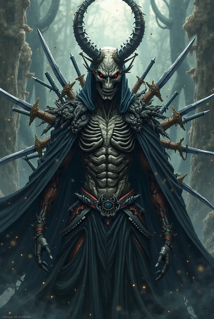 
An anime villain who’s 
*Physical Appearance*
- *Twisted, corrupted form*: Distorted body with tumors or growths protruding from skin probably with happy birthday to you skull like face a armour of anime swords surrounding him and he is in middle of all t...