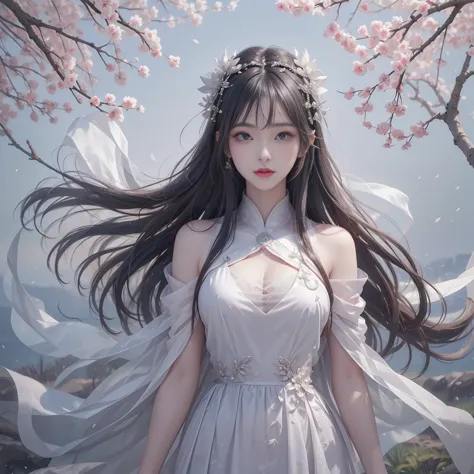 A very beautiful girl looks like Hinata from Naruto anime standing among the ice trees. A very beautiful high-quality view shows luxury. Cherry trees are a beautiful white dress that is amazing and seductive