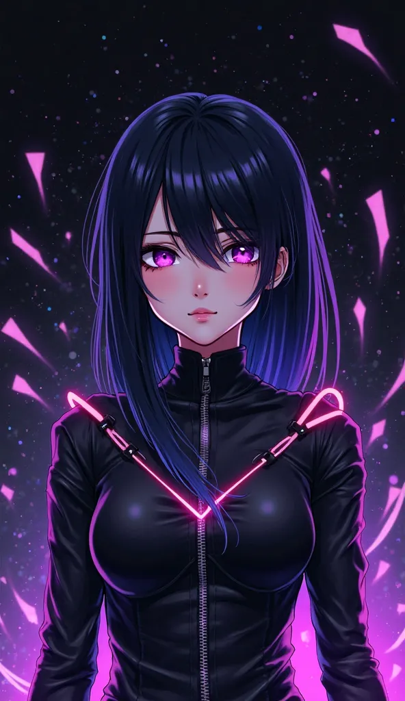 Create a vibrant and unique anime character as the central focus of a mobile wallpaper. The character should have striking features, with sleek black hair and piercing eyes, dressed in a futuristic, dark-toned outfit with subtle neon accents. Their express...