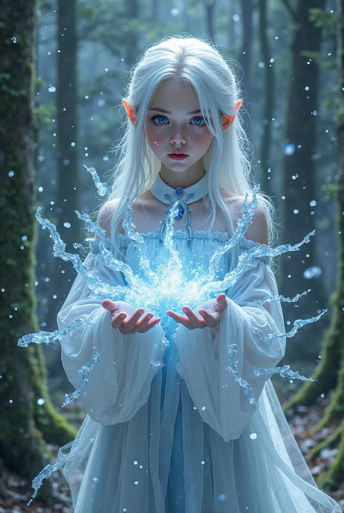 girl,full length, with snow-white hair and blue eyes, conjures with ice. dense forest in the background