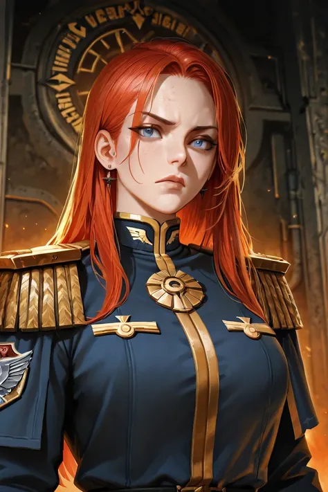 Red-haired woman with blue eyes based on Colonel Regina Kasteen from the Ciaphas Cain novels from the Warhammer 40,000 universe