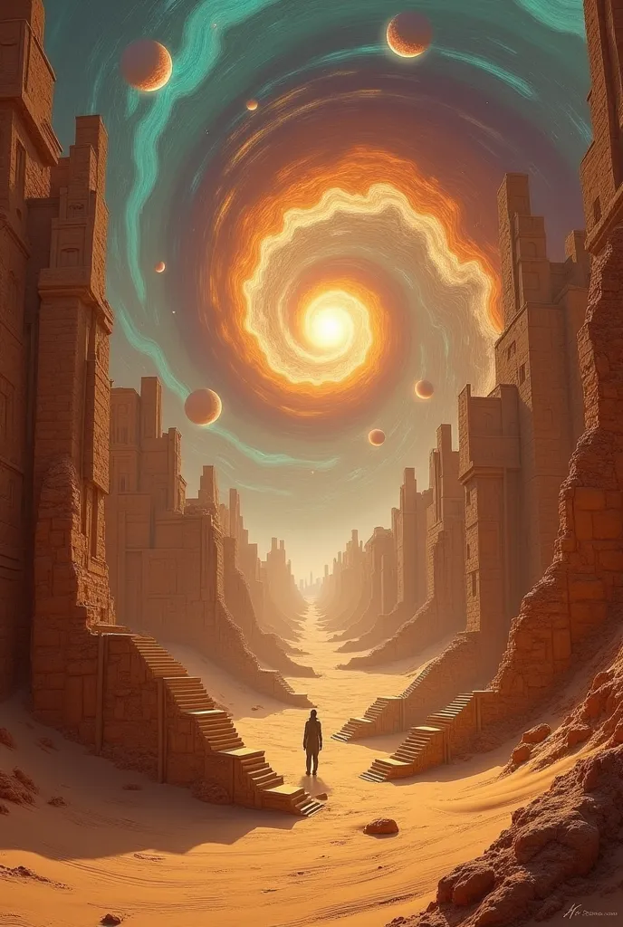 A surreal desert city twists and swirls into impossible shapes, as if caught in an endless vortex of time and space. Towering sandstone buildings curve and spiral like giant whirlpools, their structures bending unnaturally yet beautifully. The golden deser...