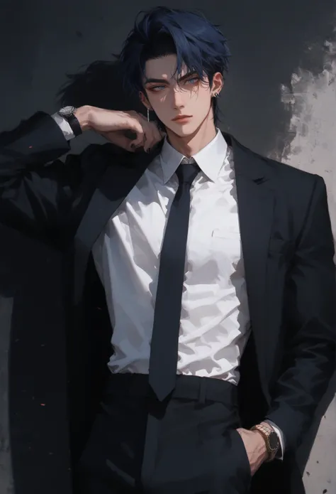 (score_9, score_8_up ), score_7_up ,  Adult male ,  Black coat, pants, tie with a white shirt, like a public safety devil hunter ,  Messy Black Hair , 1 boy,  dark blue eyes ,  dark blue hair highlighter , male focus,  Black Earrings , focus,  anime style ...