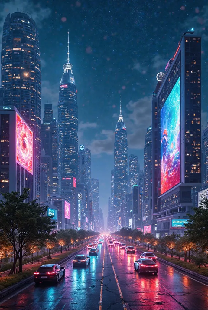 Visualize a futuristic city skyline at night, illuminated by neon lights and bustling with flying cars. The architecture should be sleek and modern, with a blend of nature through vertical gardens. The sky is filled with stars, and a large digital billboar...