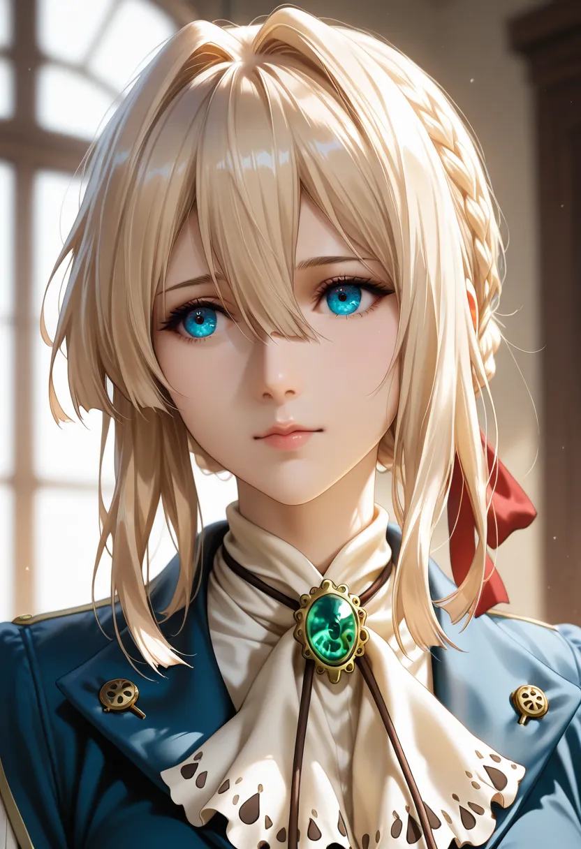 masterpiece, best quality, vibrant, very aesthetic, high contrast, photorealistic portrait,beautiful detailed face,detailed texture,detailed skin, newest, 1girl,violet evergarden,source_violet evergarden,violet evergarden,dress,room
