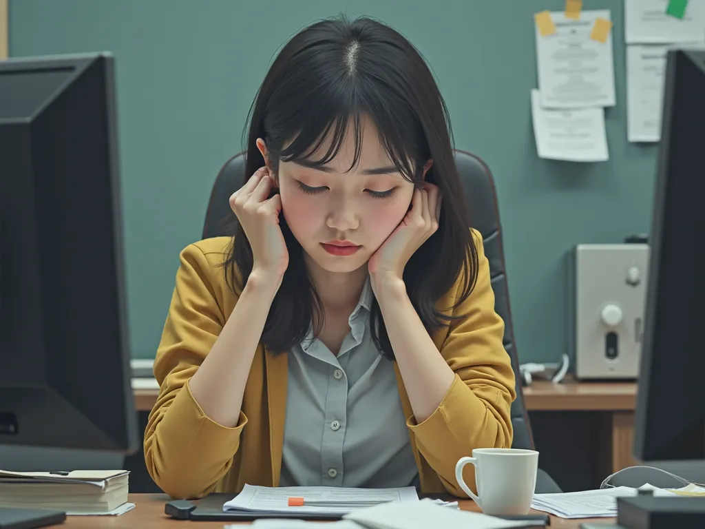 A female Korean office worker is stressed and has a difficult expression