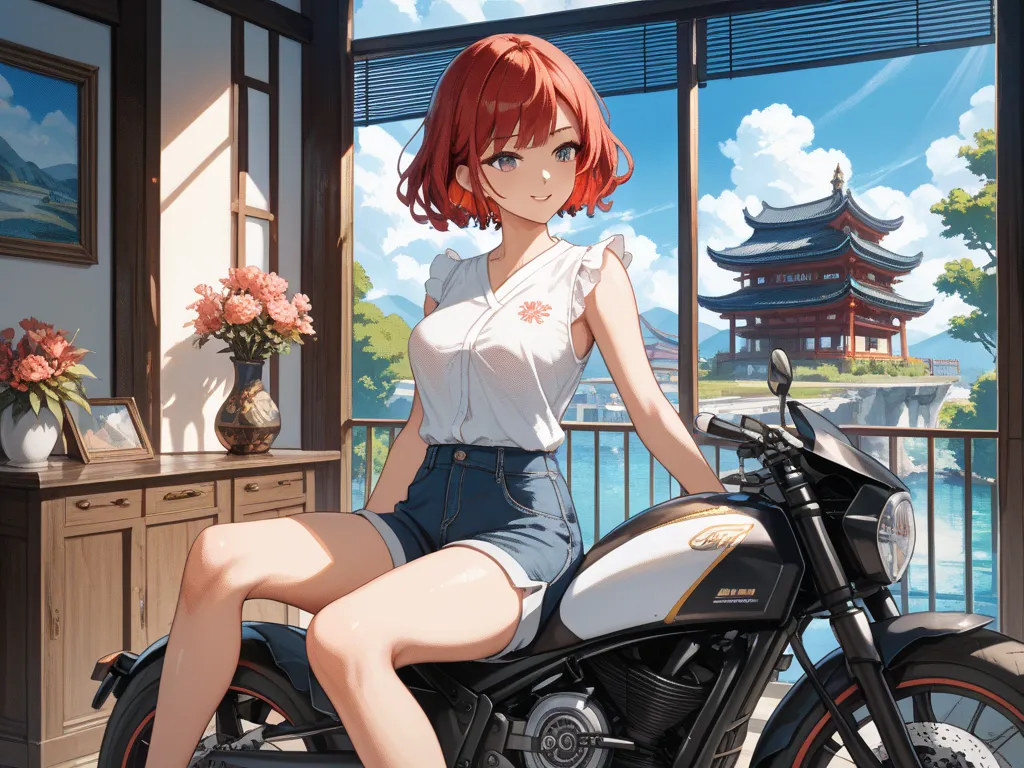 full cowl motorcycle/CBrS100０r/A beautiful woman is riding a  、  short hair 、 red hair thin legs、 shorts when sitting、 perfect face、 masterpiece, anatomically accurate, Highest quality, textured skin /Japanese carving/、, animated screen capture with trembl...