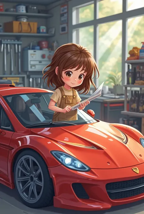 animated brown-haired girl in a skirt sticking window film on the window of a sports car in the middle of a garage