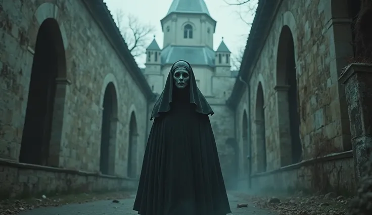 Front shot of a mysterious convent, macabre, siniestro, ancient, mysterious and in the foreground a ghostly, ghostly form looking at the camera with a cold and mysterious look