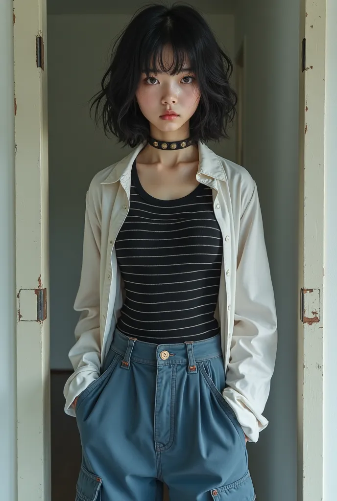 create an Asian girl with a serious look and slanted black eyes,  medium black hair , with a black striped blouse outfit, with an unfastened white shirt, blue cargo pants and white shoes,  Realistic