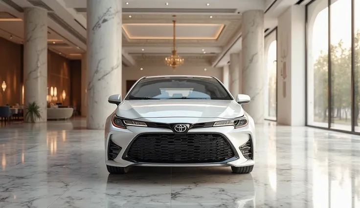 Give me picture prompt for Full front  view Toyota Corolla grande colour white 2021model standing in lexurious showroom.i will use this prompt in seaart.ai