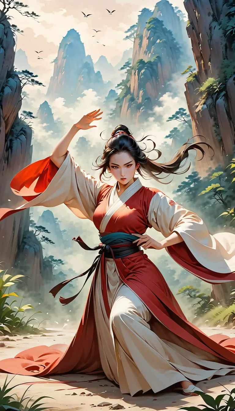 (great works, of the best quality:1.2), martial arts 风格，Chinese cartoon ， martial arts ，（ beautiful girl），（ tiger meets girl ），（ girl with aggressive posture）