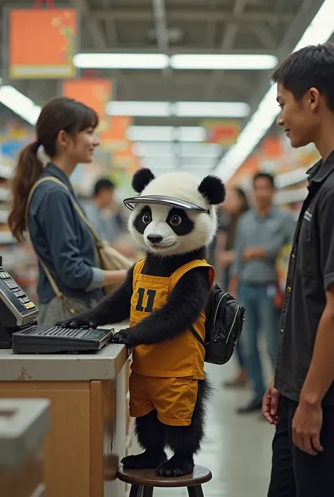 Baby Panda stands behind a cash register in a bustling supermarket, wearing a tiny employee uniform and a slightly oversized human visor. His round eyes are filled with determination as he stands on a stool to reach the register, his little paws ready to s...