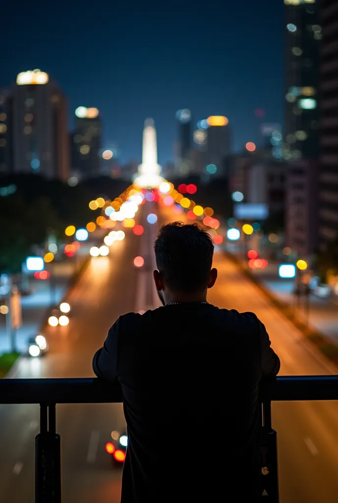  A man with his back,  seen from the side , watching Mexico City illuminated at night from the balcony of a modern apartment. from his position, you can clearly see the Angel of Independence and the Diana the Huntress monument, surrounded by skyscrapers an...