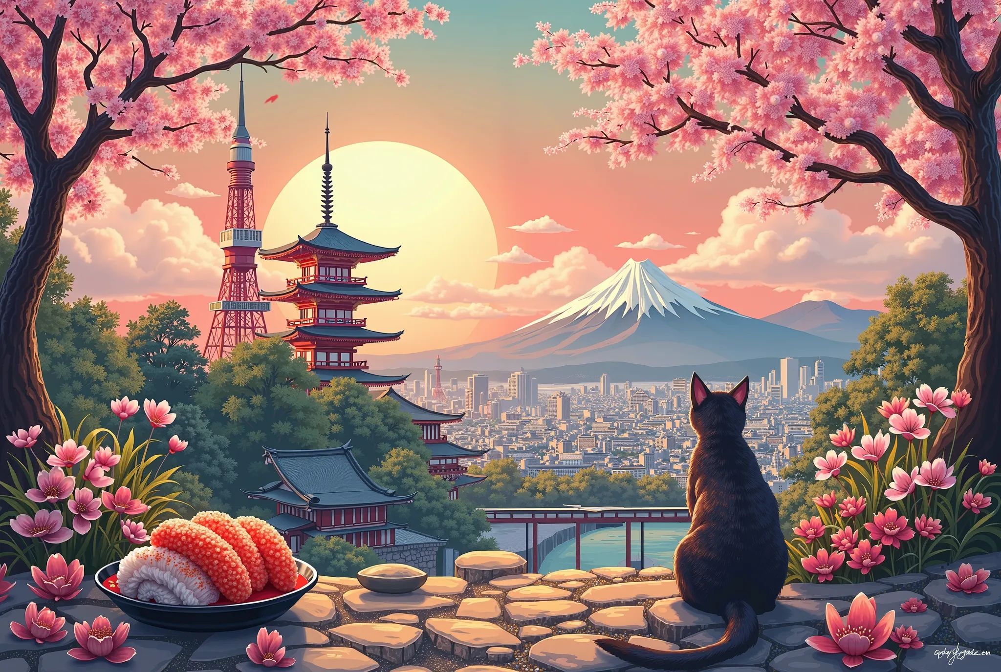 I'm going to create an image titled Tokyo Alliance, creates an image titled Tokyo Alliance々There is something, Japan, in the background, Japanese Dragon, sushi, Japan Tower, Japanese cat, like a cherry blossom tree, Colorful