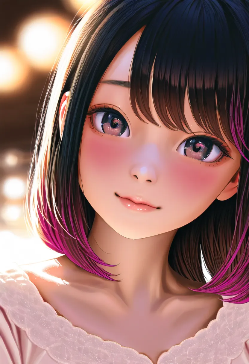 A hyper-realistic CGI portrait of a cute Japanese woman, delicate facial features, soft almond-shaped eyes, silky black hair with natural highlights, flawless porcelain skin, subtle pink blush, glossy lips, wearing a soft pastel blouse, cinematic lighting,...