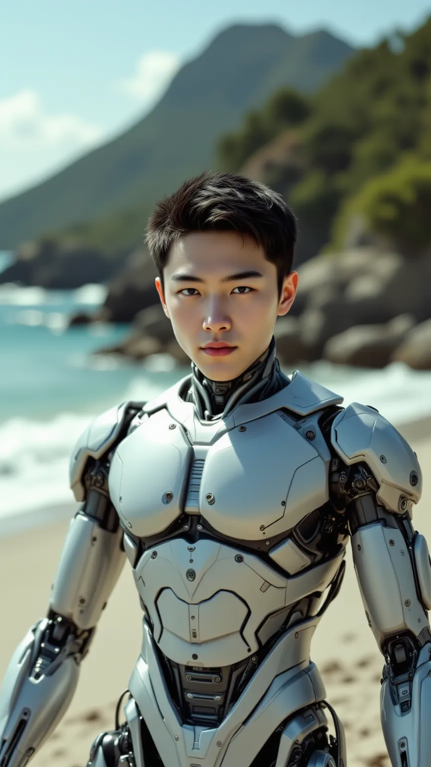 （Two 185cm Korean handsome male star high school student bionic robots），(Chest Full )，（STEREO ABDOMINAL MUSCLE），（ delicate cute face ），（Fragmented cap hairstyle）， inverted triangle body ，Five-Toe ， five fingers，Crotch Full of Details，high resolution, maste...