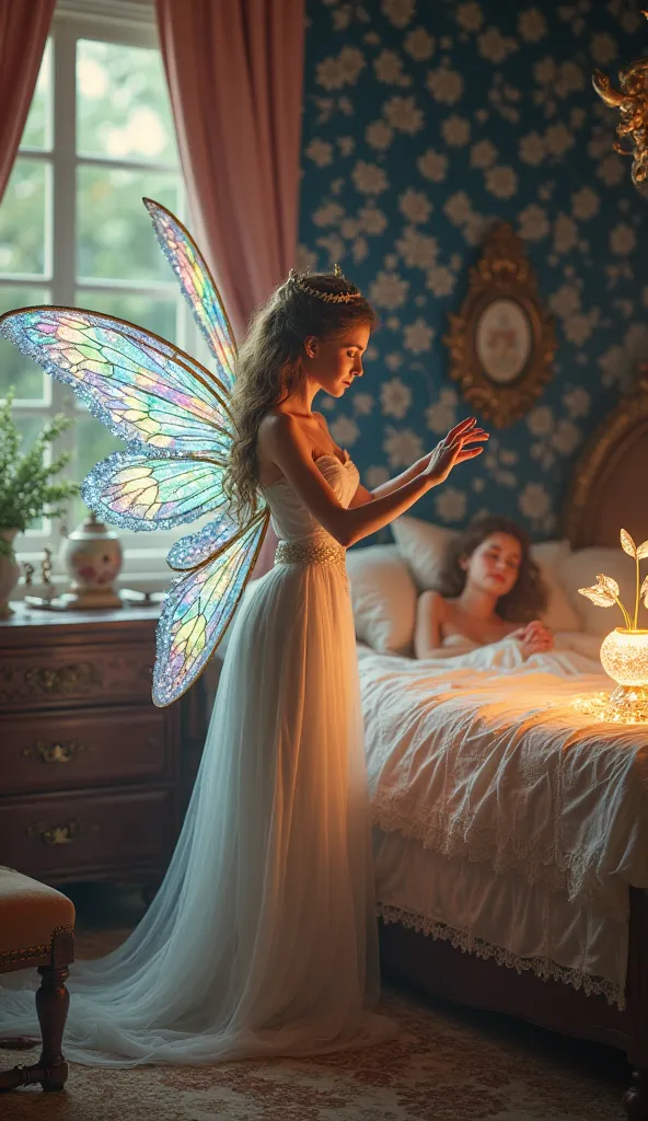 In the princess's luxurious bedroom, as she sleeps peacefully, a magical fairy with sparkling wings appears in her dream, pointing to the glowing diamond apple on the bedside table." And a text say God Natt 