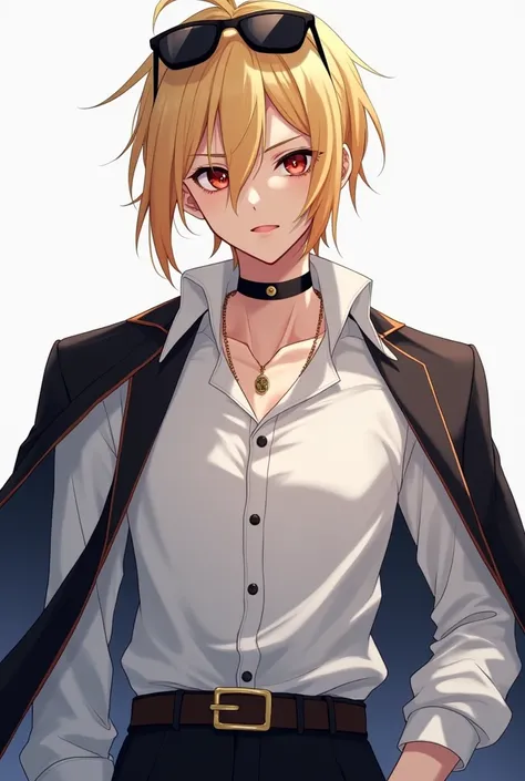 Create an image of a anime man, with blonde hair that has a little bit of faded orange color at the ends. He had porcelain skin, his left eye is indigo blue  and his right eye is scarlet. She had a black choker on her neck and a gold necklace. He wore a wh...