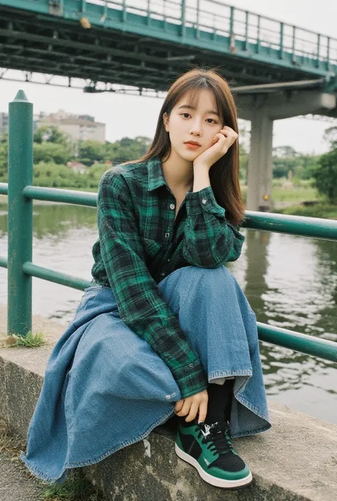 Korean beauty wears green flannel shirt dress long jeans skirt sitting on kaaca bridge wearing Jordan shoes black green 