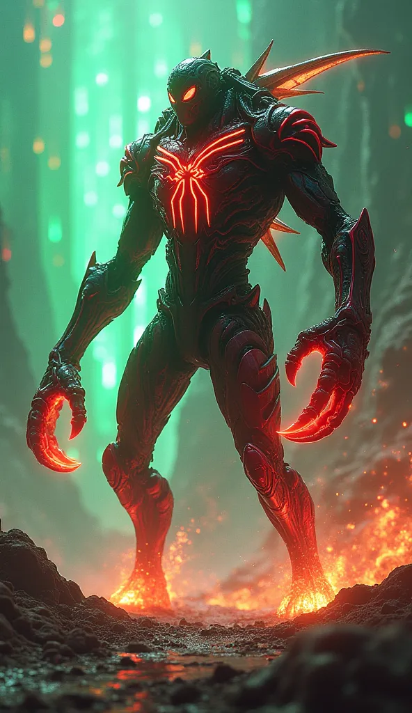 Spider-Man's massive fighting mating creature, and Scorpion, , stands in a luminous alien world. , dark red and black metallic body with shining green light,  Neon Blue , and orange, a fire bursting with energy. A towering alien tree shines under a sky ful...