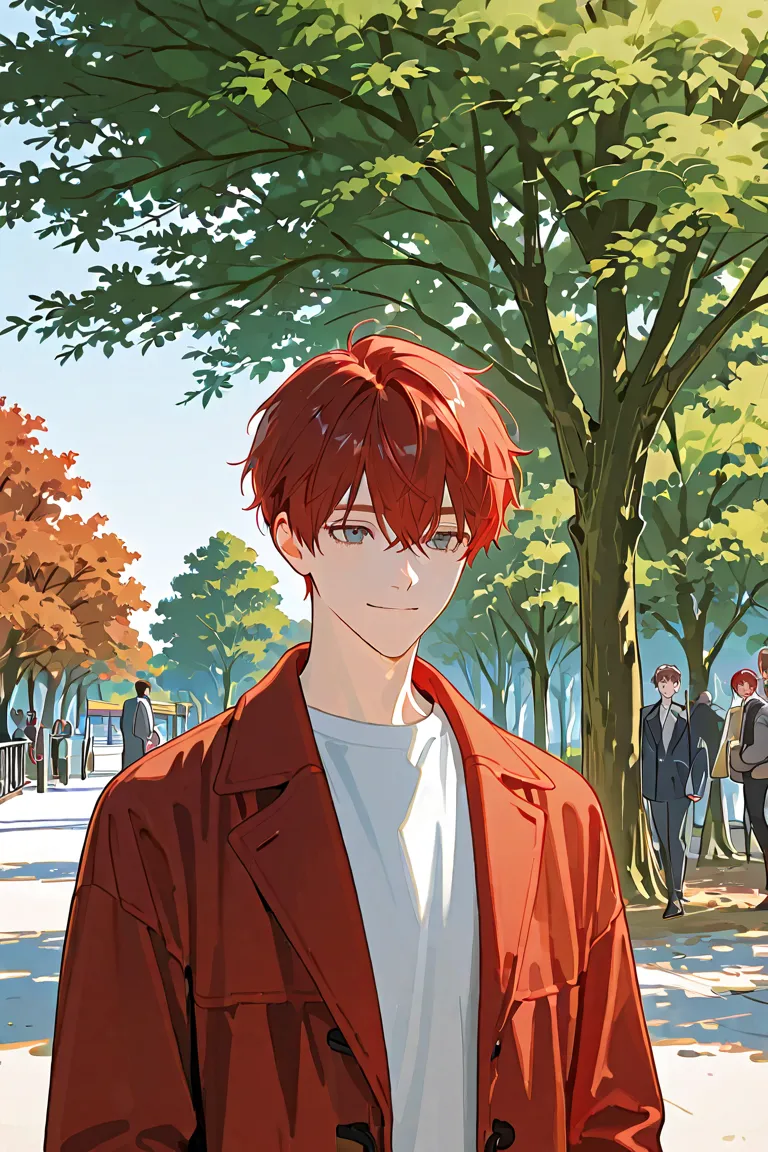 4k , 8k , good figured , ((only 1 adults male)) , (red hair and have grey eyes) , short hair style , upper half body focus , wearing shirt and coat outfits ,  tree park environment , adult man , shopping pose , medium shot , day time , smile