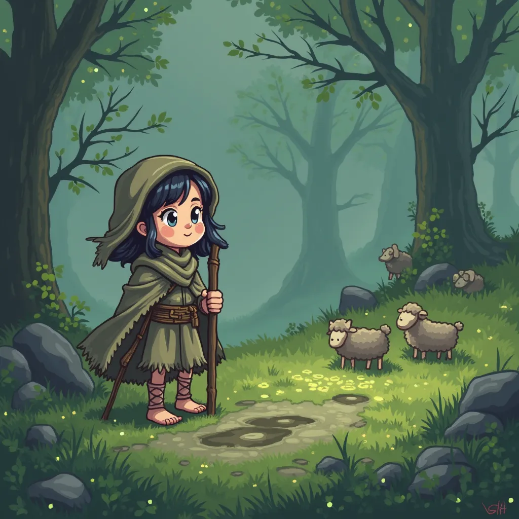 Chibi pastoral scene, flat 2D anime style with soft cel-shading, mossy green palette, barefoot shepherdess clutching crooked staff, frayed wool cloak fluttering, glowing six-toed hoofprints in mud, sheep shadows morphing in purple fog, bioluminescent liche...